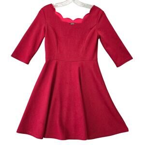 ApperlothA Ruby Red Dress Stretch Midi Preppy Scallop Scoop 3/4 Sleeves Women XS